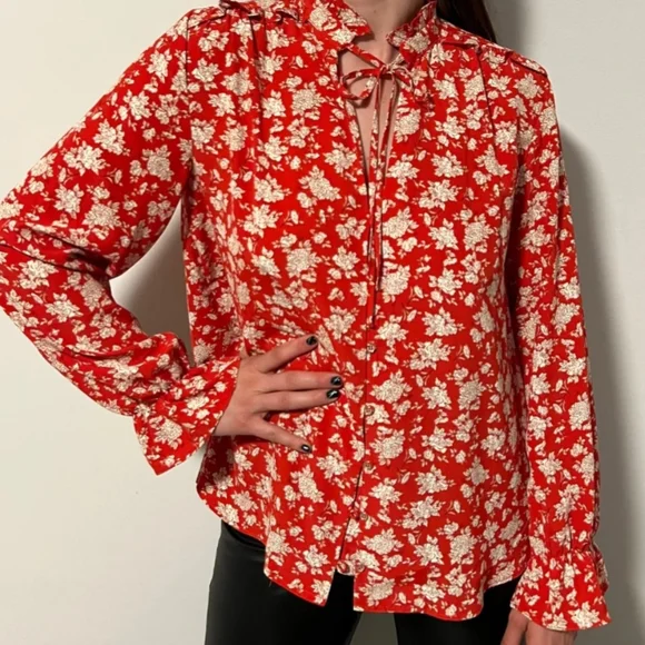 ZARA Floral Print Ruffles Tie Front Shirt Blouse Red - Picture 2 of 12